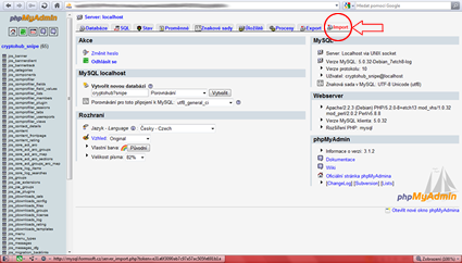 Obr. A1.: Import databáze pomocí PhpMyAmin. Po tomto importu databáze do nového úložiště bude portál prozatím nefunkční! 3.