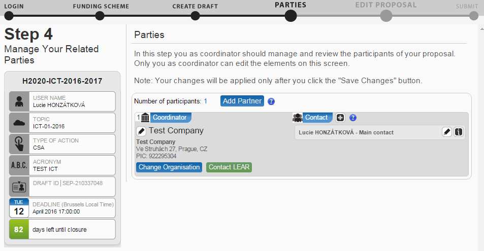 Koordinátor zadává PIC partnerů a kontakt na konkrétní osobu (ECAS email) Přidání nového