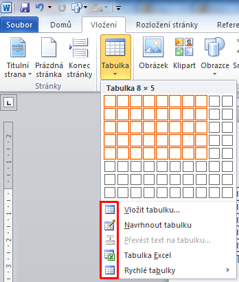 Vkládání tabulky Po vytvoření tabulky je možné snadno přidávat nové řádky z poslední buňky (vpravo dole) klávesou TAB.