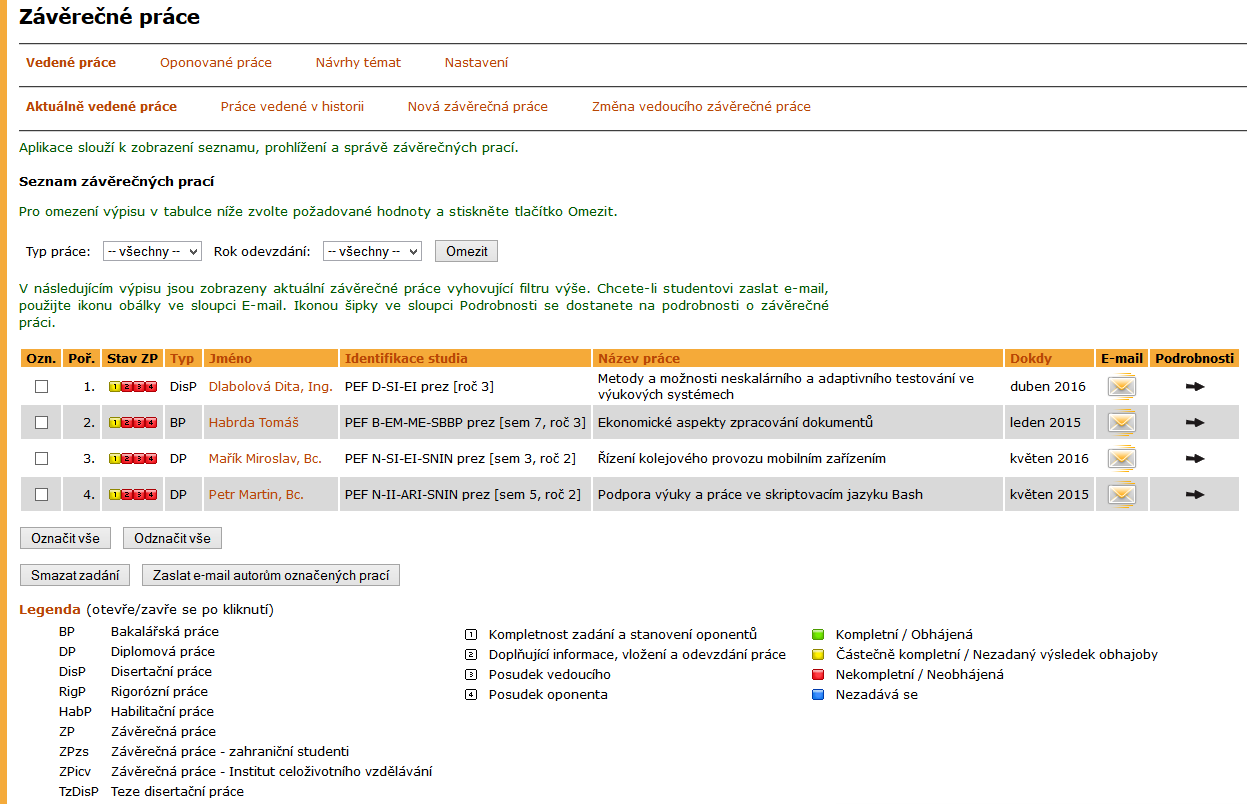 6 ZÁVĚREČNÉ PRÁCE Seznam závěrečných prací lze omezit filtrem podle roku odevzdání a typu práce (bakalářská, diplomová, disertační, závěrečná).