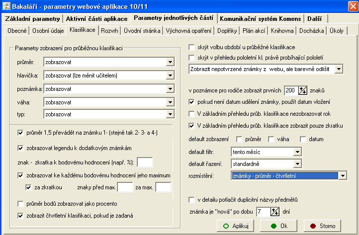 Webová aplikace systému Bakaláři 22 Obr. 6 Parametry jednotlivých částí Klasifikace Karta Klasifikace zde se nastavují parametry určující způsob zobrazování průběžné klasifikace.