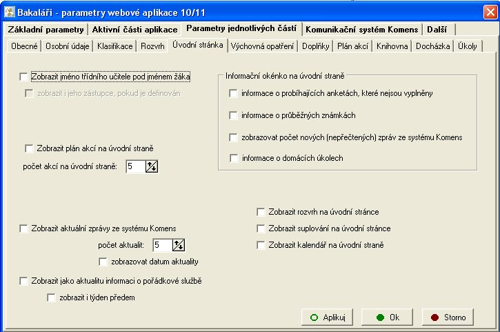 Webová aplikace systému Bakaláři 23 Obr. 7 Parametry jednotlivých částí Úvodní stránka Karta Úvodní stránka zde se nastavují informace, které se zobrazí na úvodní stránce.