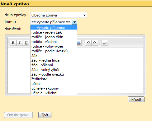 Webová aplikace systému Bakaláři 29 Komens aplikace pro komunikaci uživatelů. Obr. 17 Modul Komens V každé zprávě se určuje Druh zprávy, Komu, Doručení a vlastní text.