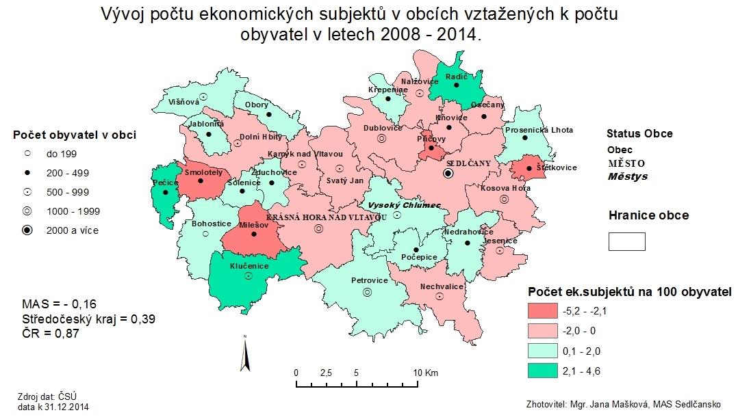 Díky tomu lze označit obce, kde se podnikání daří (zeleně) a obce, kde tomu tak není (růžově).