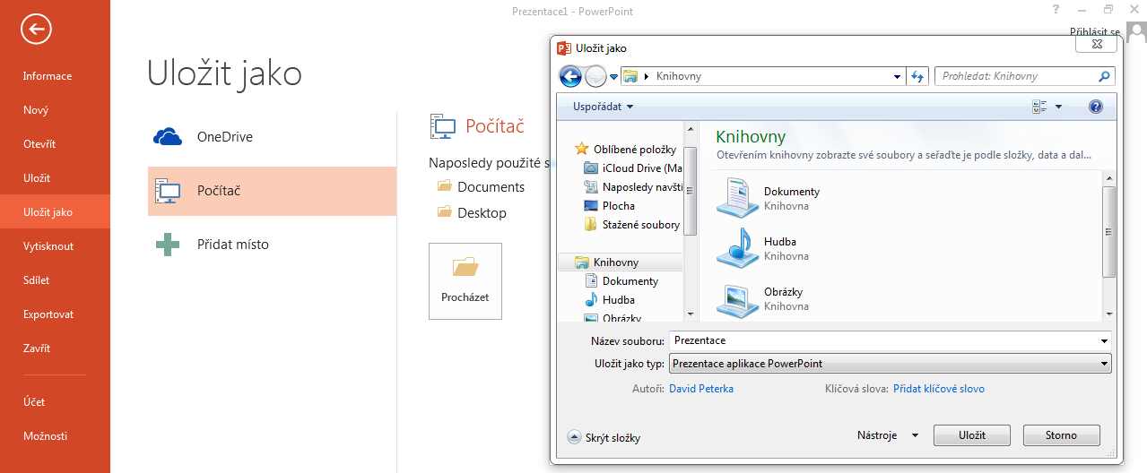 2. Otevření a uložení prezentace v jiném formátu Aplikace Microsoft PowerPoint nabízí celou řadu typů souborů, ve kterých lze ukládat soubory, například formáty JPEG, PDF (Portable Document Format),