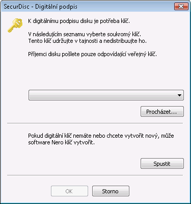 Datový disk 2. Pokud už jste vytvořili digitální klíč, klepněte na tlačítko Procházet a vyberte klíč. 3. Chcete-li vytvořit digitální klíč, klepněte na tlačítko Start.