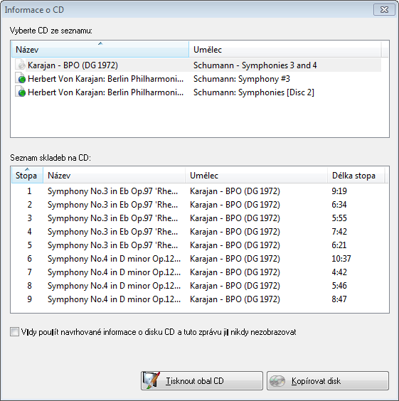 Kopírování disku Okno Informace o souboru Metadata o disku mohou pocházet z různých zdrojů: vlastní CD TEXT disku audio CD, multimediální databáze Gracenote a vaše místní databáze: Mnoho disků audio