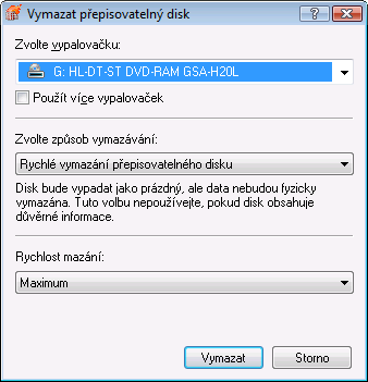 Okno Vymazat přepisovatelný disk 12 Okno Vymazat přepisovatelný disk Nero Express lze používat k vymazávání přepisovatelných disků, tj.