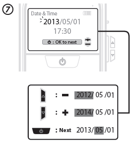 6. Stiskněte tlačítko Power, abyste vybrali možnost Set 7. Nastavení data a času Používejte tlačítka nahoru a dolů.