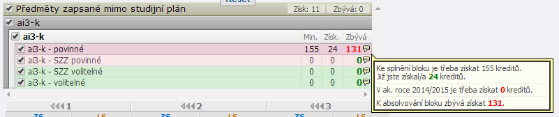 Pro zjednodušení zobrazení studijního plánu můžete použít následující vizuální pomůcky: Podsvícení vazby předmětu na blok funguje obousměrně (při přejezdu myší nad bloky v seznamu i nad předměty v