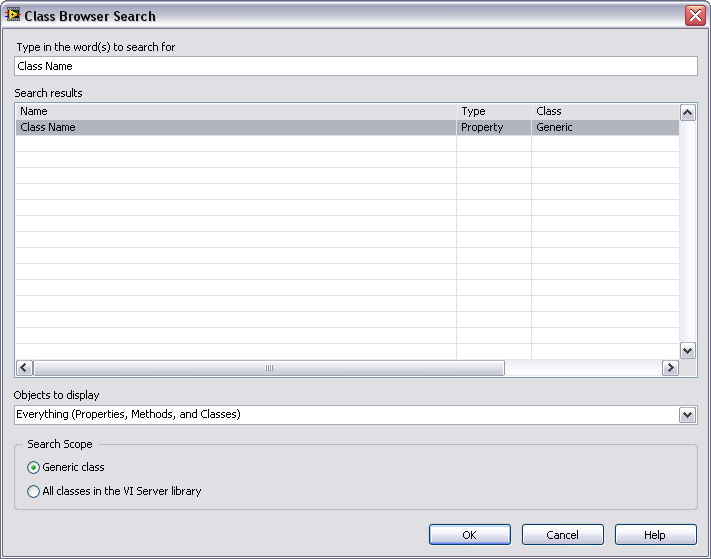 Obrázek 5-10. Dialogové okno pro hledání v nástroji Class Browser Do políčka pro hledaný text zadejte Class Name. Class Name by měl být jedinou položkou ve výsledcích hledání.