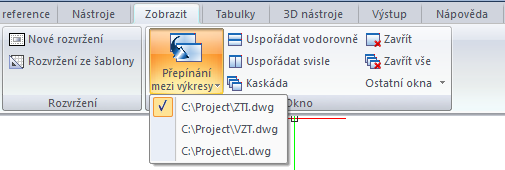 Volba pracovního prostředí Zda pracovat v prostředí pásů karet (ribbons) nebo panelů nástrojů (toolbars) lze nyní přepnout přímo v prostředí spuštěného CADKONu+.