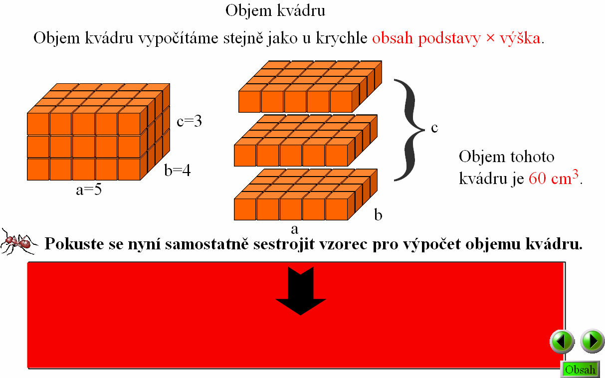 Po sestrojení vzorce pro výpočet objemu následuje opět vzorový příklad a následné procvičení. Opět mají žáci nebo učitelé možnost využít internet k důkladnému procvičení nebo prozkoušení. 5.