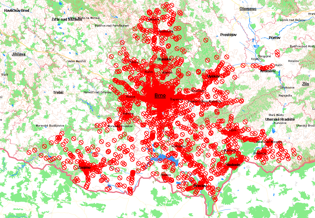 Zobrazení míst střetů šetřených DN v mapě Jmk, rok 2015 Svědkem DN