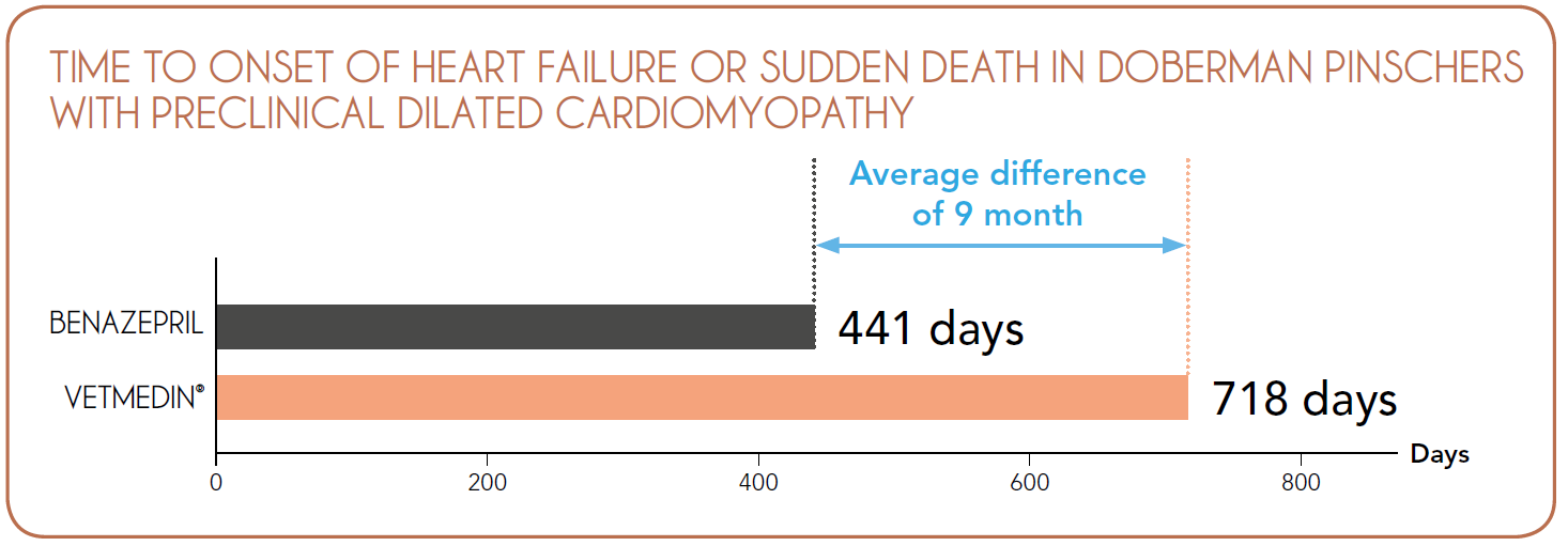 Vetmedin DCM - PROTECT Oddálí nástup CHF nebo náhlé smrti Příznivý účinek na mortalitu z