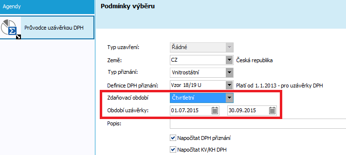 Po stisknutí konkrétní volby využíváme k vytvoření Kontrolního hlášení Průvodce uzávěrkou DPH, kde na prvním kroku volíme Podmínky výběru (viz Obr 11).