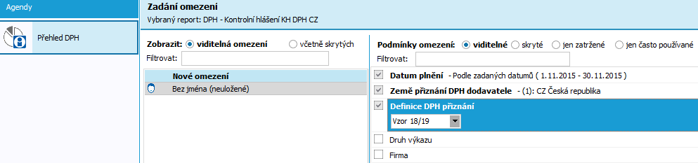 Obr. 16 Přehled DPH - Zadání omezení Na dalším kroku je možné provést tisk reportu přes tiskovou sestavu Seznam položek pro KH DPH (CZ) (viz kapitola 2.