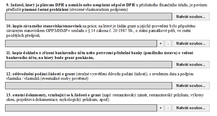 STRANA 14 A 15 FORMULÁŘE Doklady k žádosti - pokračování Nahrát soubor Každý bod obsahuje návod ke zpracování. 9.