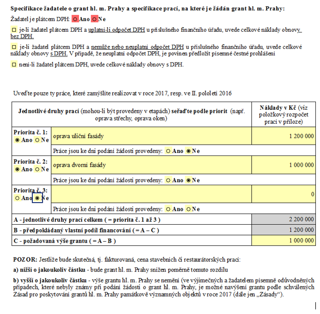 STRANA 2 FORMULÁŘE Vzor vyplnění údajů Zaklikněte, zda jste plátce DPH či ne Vyplňte priority druhů prací