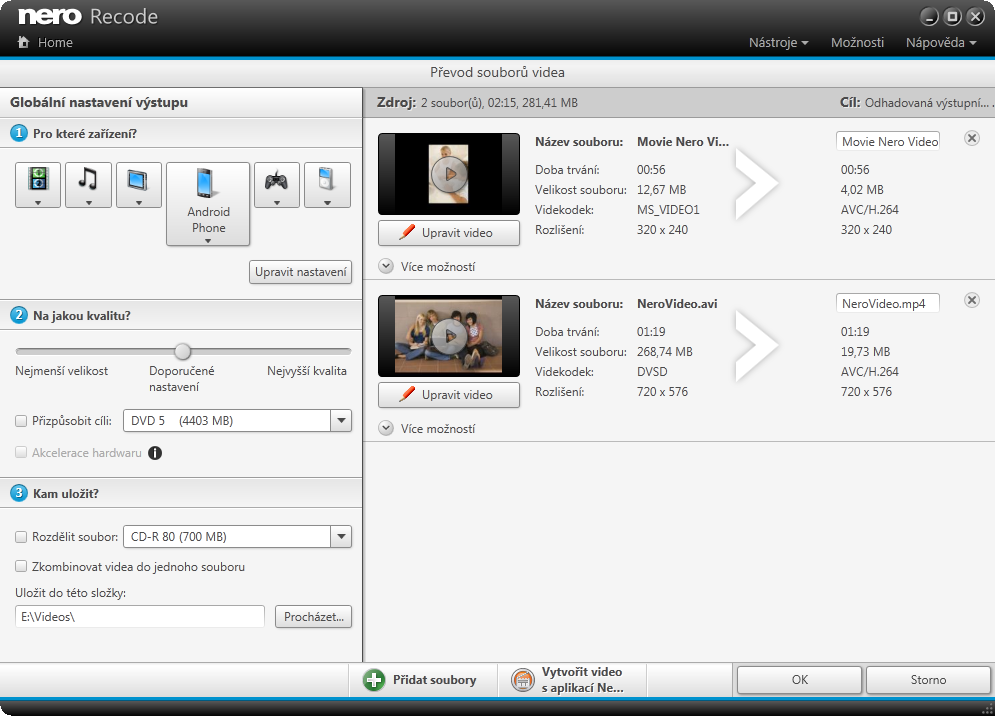 Převádění video souborů 4.5 Obrazovka Převod souborů videa Na obrazovce Převod souborů videa můžete nastavit výstup.