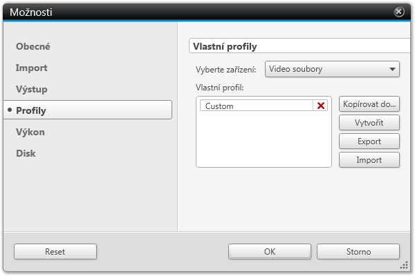 Možnosti Okno Možnosti karta Profily V oblasti Vlastní profily jsou dostupné následující možnosti: Rozevírací nabídka Vybrat zařízení Seznam Vlastní profily Umožňuje vybrat zařízení, které je