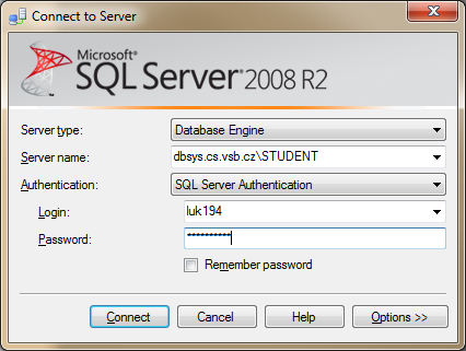 Microsoft SQL Management Studio (1) Po spuštění SSMS (SQL Server Management Studio) je potřeba připojit se ke správnému serveru.