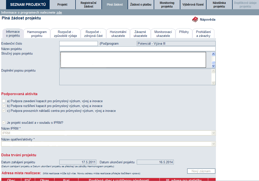 Vzorová ukázka Plné žádosti (po schválení Registrační žádosti) v aplikaci eaccount Jednotlivé záložky Plné žádosti,