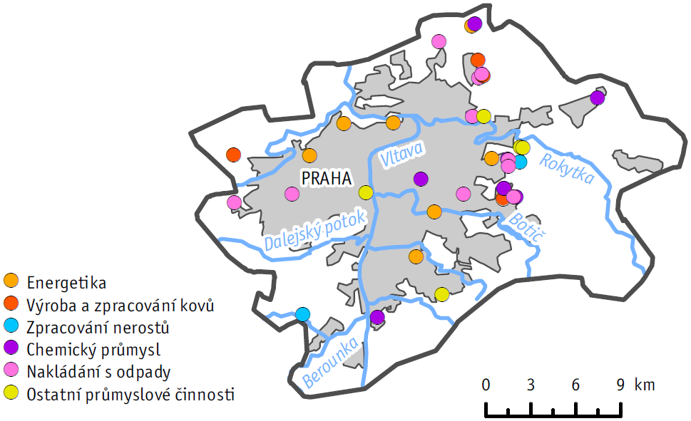 6.2 Emise z průmyslu Hl. m. Praha nemá mnoho velkých průmyslových zařízení. V tomto kraji je evidováno pouze 36 průmyslových zařízení IPPC (Obr. 6.2.1), z nichž 11 představuje zařízení pro nakládání s odpady (tj.