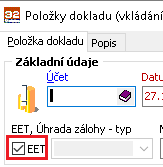 Běžná platba za zbží neb službu Ruční vlžení účetníh zápisu d účetníh dkladu Běžný účetní dklad vyplnit záhlaví. Každý záznam účetníh deníku bsahuje mžnst zatrhnut, že záznam patří registrvat v EET.