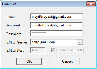 Email Set (nastavení e-mailu) Pokud zvolíte režim odesílání GPRS, musíte vyplnit parametry emailové schránky a odesílacího tzv. SMTP serveru. Všechny položky musí být vyplněny.
