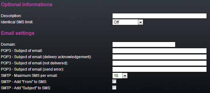 POP3 Subject of e-mail (send error) předmět e-mail zprávy informující o chybě při odesílání SMS SMTP Maximum SMS per e-mail nastavuje maximální počet SMS, která budou odeslány jednou e-mail zprávou.