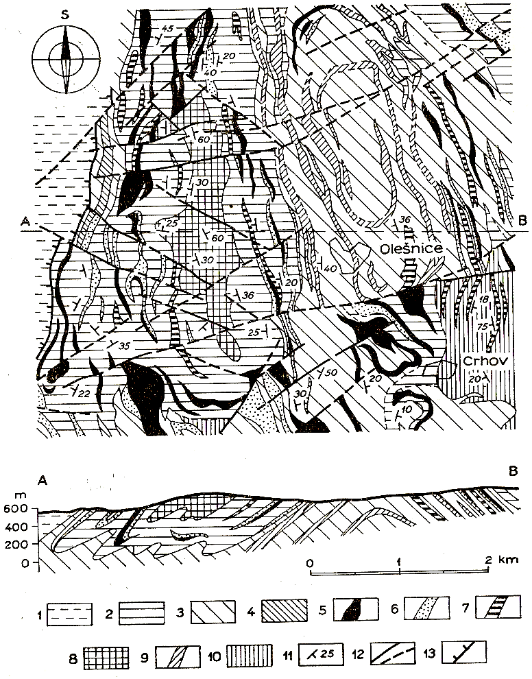 Geologická mapa a profil jádra s. uzávěru svratecké klenby u Olešnice. Zachycena nejvyšší část olešnické skupiny (podle vlastní mapy upravil Mísař (1983), profil orig.