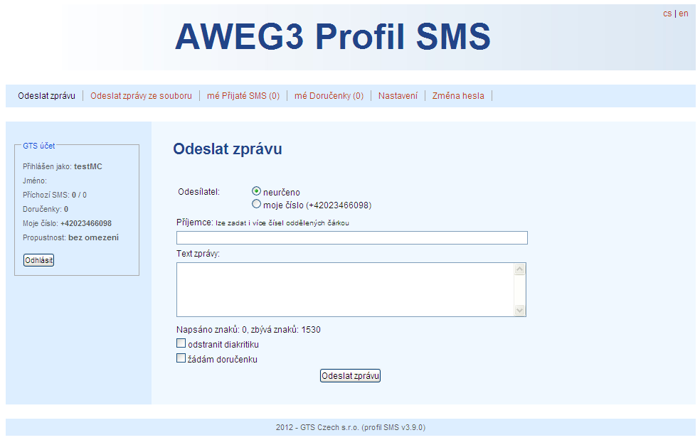 4. Základní funkce Po přihlášení do aplikace uživatel může využít následující možnosti: 1. Odeslat SMS 2. Odeslat soubor 3. mé Přijaté SMS 4. mé Doručenky 5.