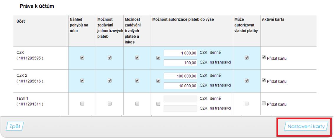 Po zaškrtnutí pole Přidat kartu je nutné nastavit limity na platební kartě dle měny.