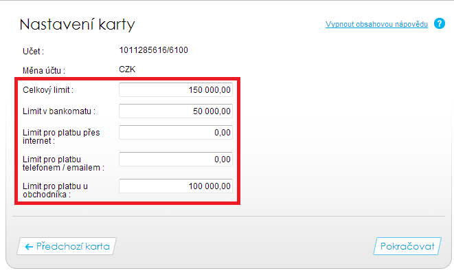 4.2. Nastavení práv k účtům pro Disponenty a nastavení platební karty Statutární zástupce společnosti nastavuje limity Disponentovi do určité výše.