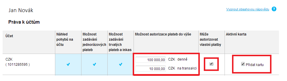 Po té, co jste nastavil limity, tak máte možnost Přidat kartu. V rámci přidání karty je nutné provést Nastavení karty. Nastavení platební karty se provádí stejným způsobem, jako u Disponentů viz.