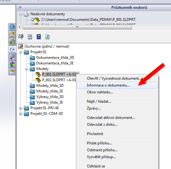 Situace v úschovně po odevzdání dokumentu je zřejmá z obrázku. Při výběru odevzdaného modelu vyvoláme pravým tlačítkem myši kontextové menu a z něj vybereme nabídku Informace o dokumentu.