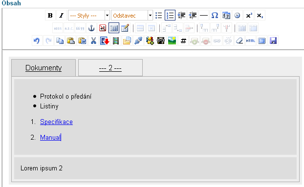 2. Následně se do článku vloží záložky se kterými již můžete standardně pracovat, tzn. editovat, vkládat či upravovat článek za pomoci horní lišty tlačítek. Obr. 43: Úprava záložek 3.