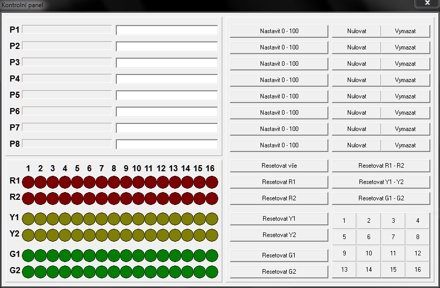 Zobrazení Zobrazit kontrolní panel (klávesová zkratka Ctrl + F11) Strana 6 Zobrazí kontrolní panel s 8mi stavovými indikátory P1 až P8 a 96 kontrolkami R1, R2, Y1, Y2, G1 a G2.