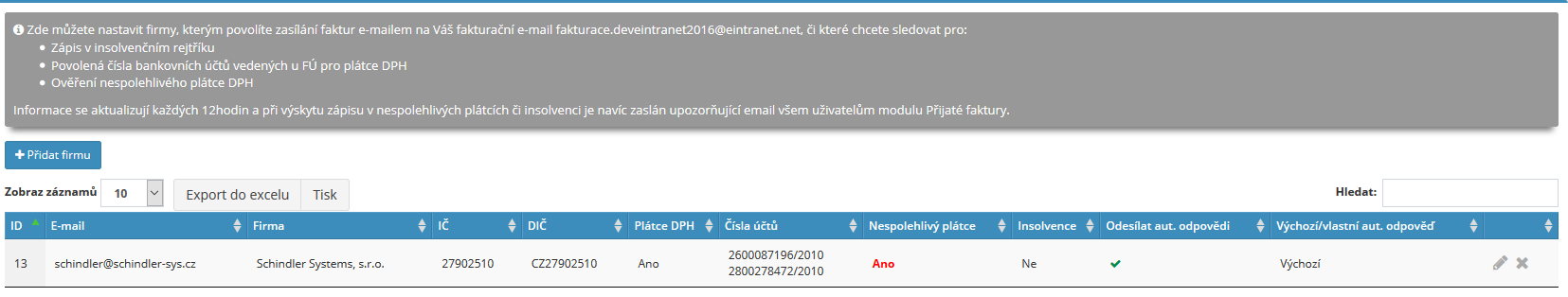 4.16 Modul nespolehlivý plátce DPH Modul nespolehlivý plátce DPH umožňuje automatické sledování informací o tom, zda dodavatel plní své povinnosti ve vztahu ke správě daně.