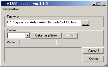 Tlačítko pro výběr souboru s novým firmware Vybraný soubor potvrďte tlačítkem Otevřít. V řádku Firmware programu A4300-Loader se zobrazí vybraný soubor. 6.