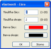 "Popředí/pozadí"), a vlastnosti čáry. Vlastnosti Čáry a tloušťku čáry ohraničení a barvu ohraničení lze nastavit. Tloušťka okraje může být nastavena na 0.