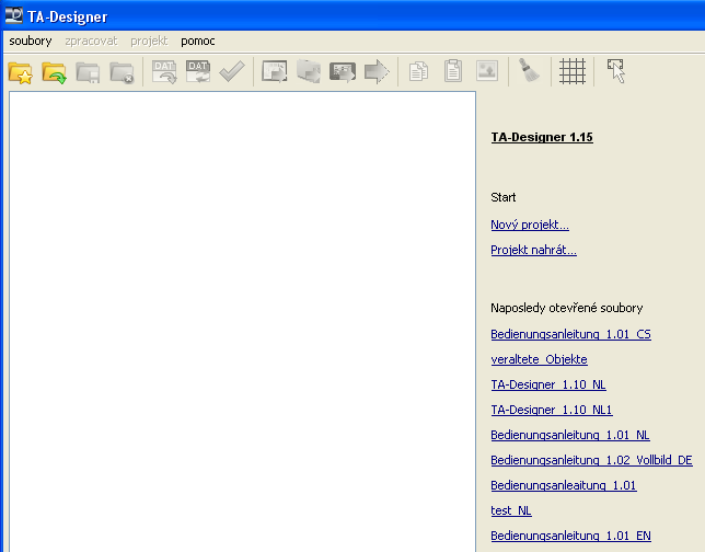 Domovská obrazovka Po spuštění TA-Designeru se zobrazí náhled nových projektů nebo