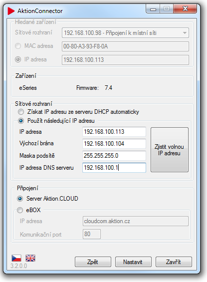 Nastavení IP adresy IP adresy. V aktuální k na CLOUD server nebo ebox a pro automatické DHCP získání adresu automaticky ze k internetu (eboxu) v SW.