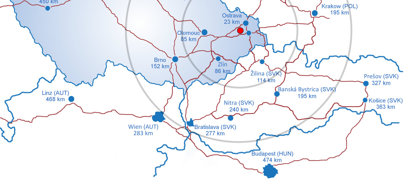 86"V Vzdálenosti: Dálnice D1 (Exit 336) Rychlostní komunikace R48 Ostrava