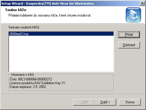 INSTALACE Jestliže je soubor umístěn v jiné složce, stiskněte Přidat a zadejte jméno souboru s klíčem a cestu v okně Vybrat soubor klíč. Pokud je to nutné, může být použito více klíčů najednou.