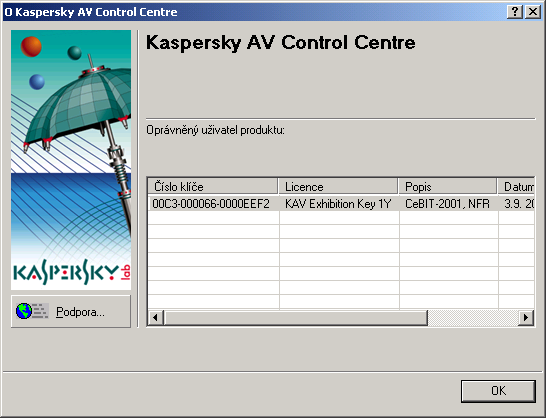 KASPERSKY AV CONTROL CENTRE O programu zobrazí okno s informacemi o verzi produktu, názvu licence, datu ukončení licence atd. (např. viz Obr. 55)); Konec ukončí program.