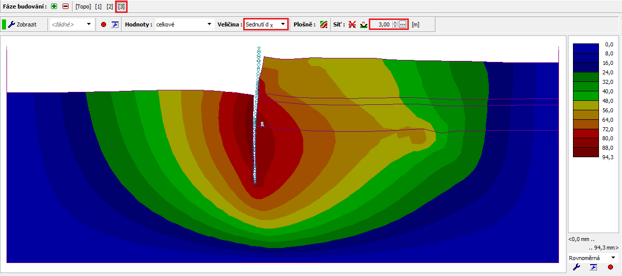 Rám Voda Fáze budování 3 (změna průběhu HPV) Nyní provedeme výpočet 3. fáze budování a opět si prohlédneme výsledky numerického řešení (obdobně jako v předchozí fázi budování).