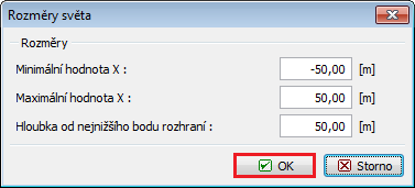 Dialogové okno Rozměry světa Seznam bodů pro jednotlivá rozhraní vrstev zemin a hornin V rámu Zeminy definujeme jednak parametry vrstev zemin, resp.