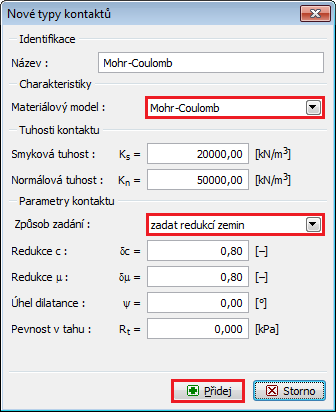 Poznámka: Kontaktní prvky umožňují zohlednit vzájemné působení materiálů podél rozhraní mezi zeminou a konstrukcí, resp. mezi jednotlivými zeminami atp.